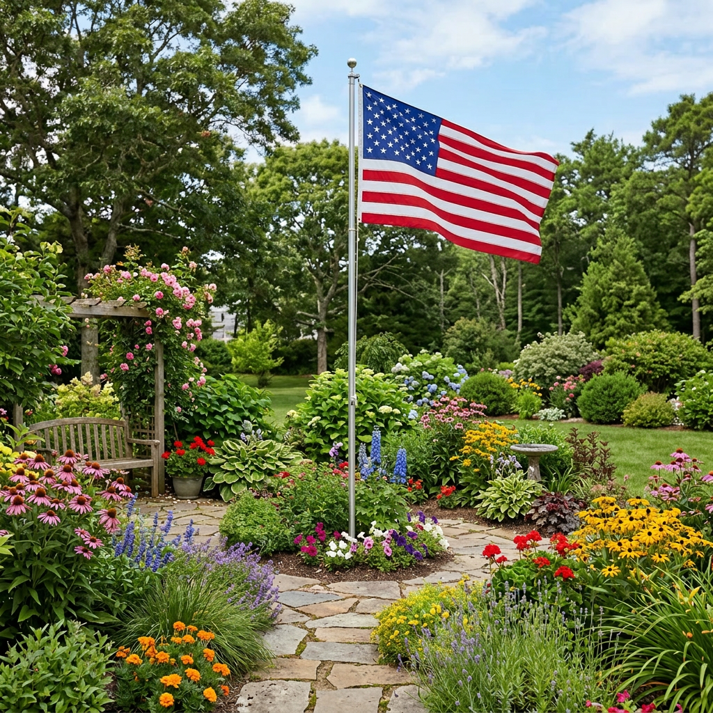 American flag waving on pole in a vibrant flower garden outside a cozy wooden house